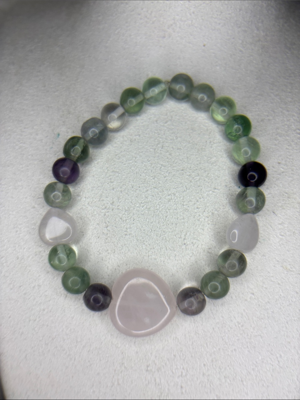 Handcrafted fluorite and Rose Quartz Heart Beaded Bracelet